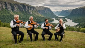 En tradisjonell norsk folkemusikkgruppe som spiller instrumenter i en landlig setting.