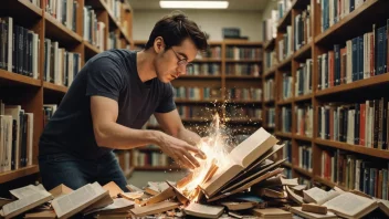 En person ødelegger bøker, med en bakgrunn av et bibliotek eller en bokhandel. Personen er omgitt av revne og skadde bøker, og holder en bok som er i ferd med å bli ødelagt.