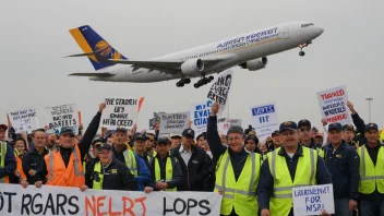 Flyarbeidere protesterer med skilt og bannere, med et fly i bakgrunnen.