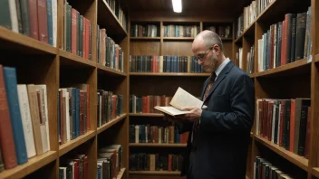 En person som studerer ritualteologi i et bibliotek med ulike bøker og symboler på hyllene.