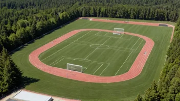 En stor utendørs idrettsplass med løpebane og fotballbane, omgitt av trær og åser.