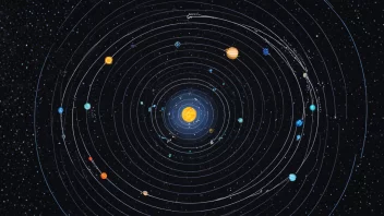 En illustrasjon av himmelmekanikk, som viser planeter og stjerner i bevegelse, med piler og linjer som representerer deres baner og vekselvirkninger.