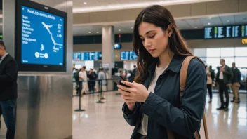 En person som sjekker telefonen sin for flyoppdateringer på en flyplass