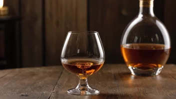 Et cognacglass på et trebord med en flaske cognac i bakgrunnen.