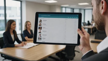 En person som holder en tablet med en liste over ansatte
