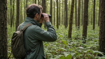 En person i en skog, observerer fugler med kikkert og tar notater.