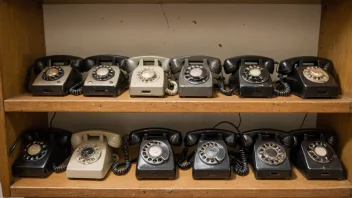 En samling av gamle telefoner på utstilling