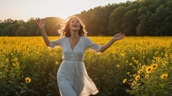 En kvinne som danser fritt i en blomstereng, symboliserer en ubekymret og frivolsk personlighet.