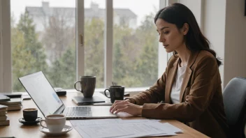 En person som jobber hjemmefra, sitter ved et skrivebord med en laptop og papirer.