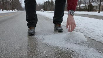 En person strør salt på en isete vei for å forhindre glatte veier