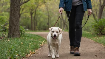 En person holder en hund i en leie, med en diskret bakgrunn av en park eller en sti.