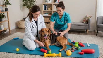 En fysioterapeut som arbeider med en hund på en matte.