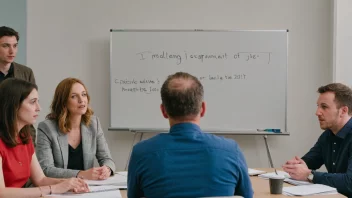 En gruppe mennesker samlet rundt et bord, engasjert i en diskusjon, med en whiteboard i bakgrunnen med ordet 'medlemmengasjement' skrevet på det.