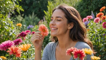 En person som nyter duften av en blomst i en vakker hage.