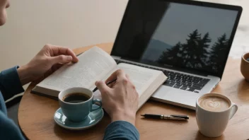 En person som leser en guidebok med en laptop og en kopp kaffe i nærheten, i en koselig og moderne setting.