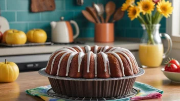 En bundt kakeform med en kake inni, plassert på en kjøkkenbenk.