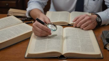 En person som studerer en enkelt bok, med et forstørrelsesglass og en notatbok, omgitt av andre bøker og papirer.