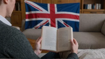 En person leser en bok med et norsk flagg i bakgrunnen