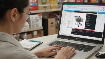 En person som analyserer data på en dataskjerm med en handlekurv i bakgrunnen.