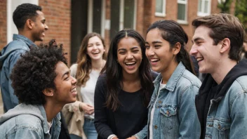 En gruppe studenter fra forskellige baggrunde og kulturer kommer sammen, ler og snakker, med en følelse af fællesskab og tilhør.