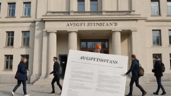 En illustrasjon av en offentlig bygning med en skilt som leser 'Avgiftsinstans' på norsk.