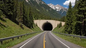 En rundtunnel med en vei som går gjennom den, omgitt av fjell og trær.