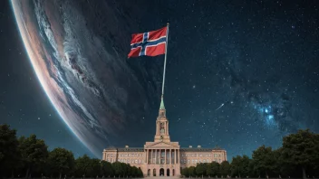 En illustrasjon av et romskip med norsk flagg, omgitt av stjerner og planeter, med en subtil bakgrunn av en regjeringsbygning eller et parlament.