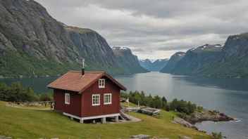 Et typisk norsk landskap med et trehus og en flaggstang.