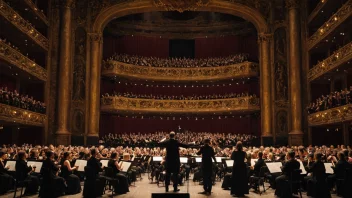 Et stort operahus med et fullt orkester og sangere på scenen, som fremfører en dramatisk opera.