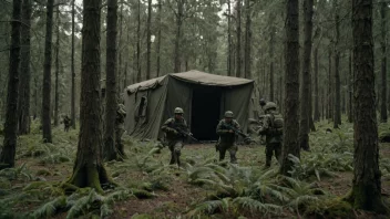 Et kamuflert fiendested i en skog, med soldater i bakgrunnen