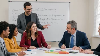 En gruppe mennesker fra ulike bakgrunner og aldre samlet rundt et bord, smiler og diskuterer, med en whiteboard i bakgrunnen med ord som 'jobb', 'karriere' og 'mulighet' skrevet på den.