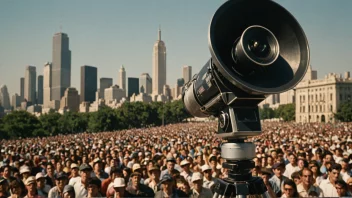 En filmkamera med en megafon, som symboliserer filmens makt til å påvirke opinionen, med en folkemengde i bakgrunnen, som representerer publikum, og et bylandskap eller nasjonalt symbol i det fjerne, som representerer den bredere sosiale konteksten.