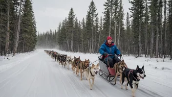 En person som kjører en hundeslede med flere hunder i et vinterlandskap