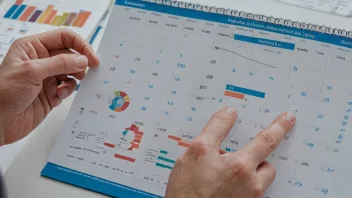 En person som holder en kalender med finansielle data og diagrammer i bakgrunnen, som representerer en regnskapskalender.