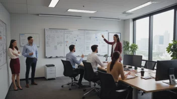 En gruppe mennesker som jobber sammen på et innovasjonskontor, omgitt av whiteboard og innovasjonsrelatert materiale.