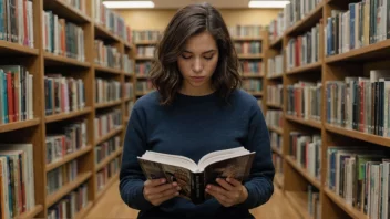 En person leser et tidsskap, omgitt av bøker eller i et bibliotek.