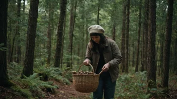 Ein svampesamlar i skogen, med ei kurv og plukkar svamp.