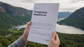 En person som holder en rapport med tittelen 'Forgivelsesrapport' på norsk, med en bakgrunn av et rolig og fredelig landskap.