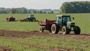 En person som arbeider i et felt med en traktor og dyr i bakgrunnen.