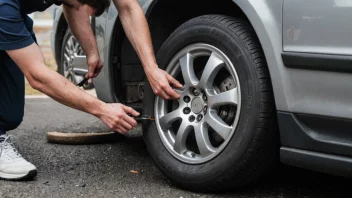 En person bytter ut det gamle dekket på bilen med et nytt, mens det gamle dekket ligger på bakken ved siden av dem.