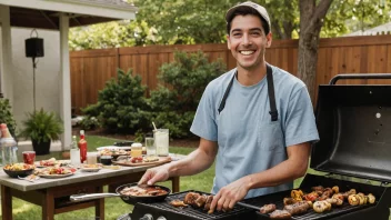 En grillentusiast som står foran en grill, omgitt av deilige retter.