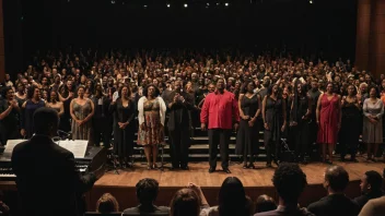 En gospelmusikkoncert med et kor som opptrer på scenen.