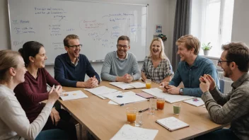 En gruppe mennesker med hørselshemninger samlet rundt et bord, diskuterer og ler sammen.