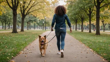 En person som går en glad hund på en leder i en park