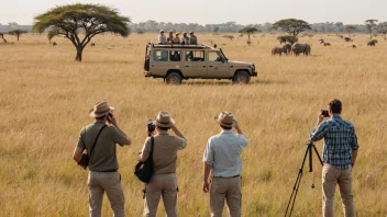 En safaritur i savannen med turister som observerer dyreliv.