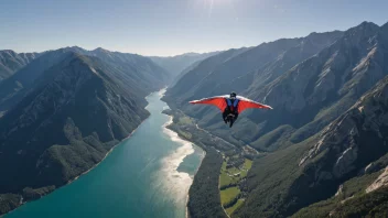 En person i en wingsuit flyr gjennom luften med et naturskjønt landskap i bakgrunnen.