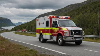 Et norsk nødhjelpskjøretøy, som en ambulanse eller brannbil, med blinkende lys og en tydelig norsk landskap i bakgrunnen.