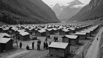 Et svart-hvitt bilde av en tvangsleir i Norge under andre verdenskrig.