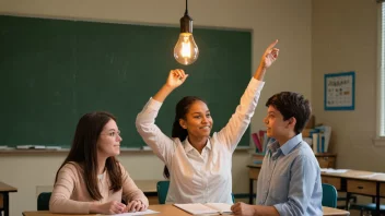 En lærer og en elev i et klasserom, med en lyspære som tennes over elevens hode.