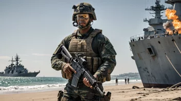 En marinekommandosoldat i full utrustning, med en bakgrunn av et marinefartøy eller en strand.